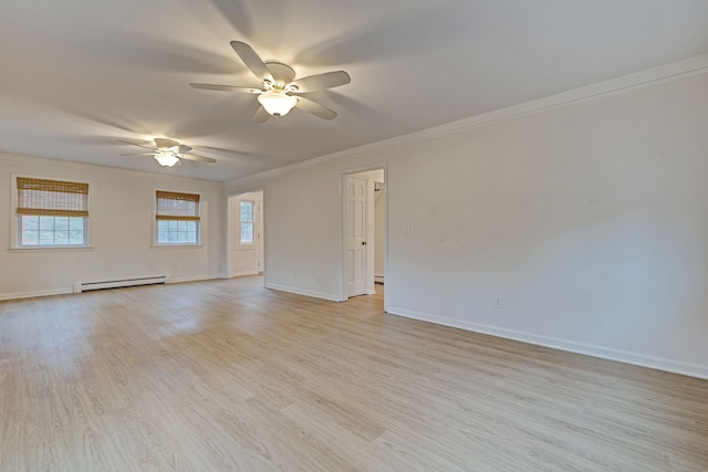 spare room featuring baseboard heating, ceiling fan, light hardwood / wood-style floors, and ornamental molding