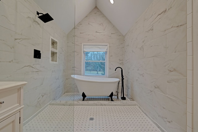 bathroom featuring vanity, separate shower and tub, tile walls, and lofted ceiling