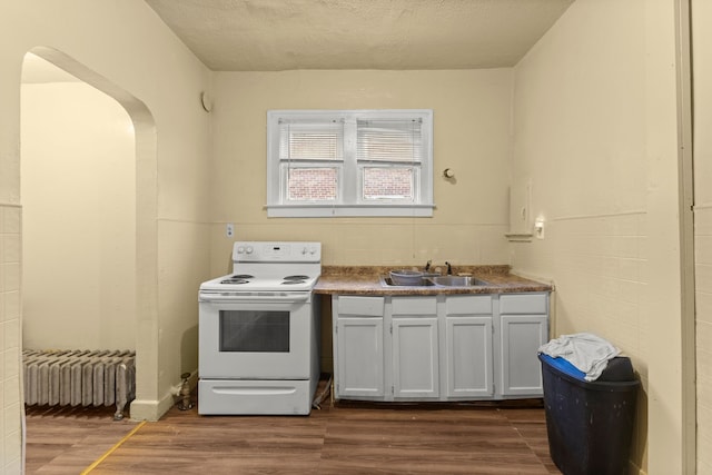 kitchen featuring dark wood-type flooring, sink, electric range, a textured ceiling, and radiator heating unit