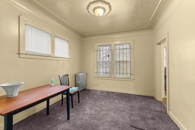 carpeted office space featuring radiator and crown molding