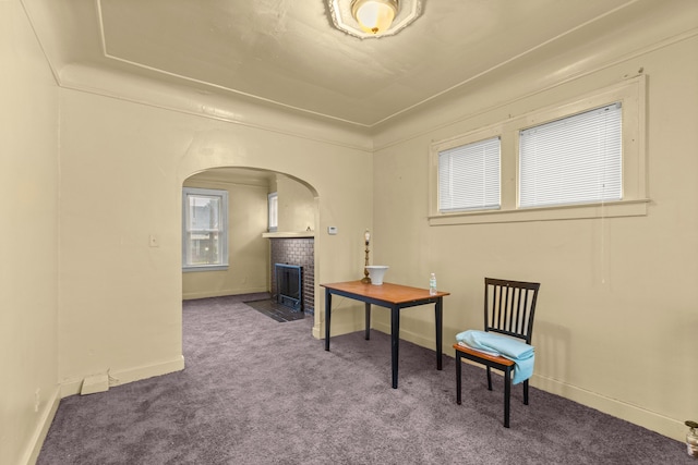 sitting room featuring carpet flooring, a wood stove, and ornamental molding