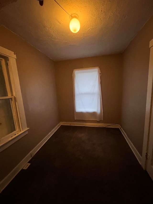 empty room with carpet flooring and a textured ceiling