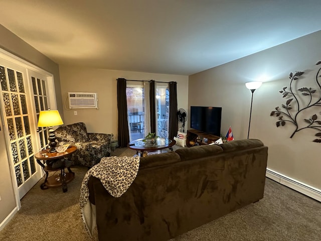 carpeted living room featuring a wall mounted air conditioner and a baseboard radiator