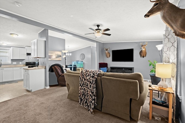 carpeted living room featuring crown molding, ceiling fan, and a textured ceiling