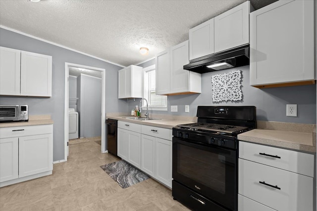 kitchen featuring exhaust hood, sink, white cabinetry, and black appliances