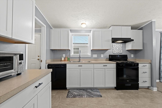 kitchen with white cabinets, a textured ceiling, sink, and black appliances