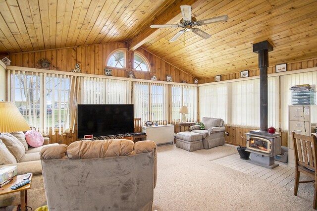 7349 E Main St, Eau Claire, MI 49111 - carpeted living area featuring a wood stove, wood walls, wood ceiling, and ceiling fan