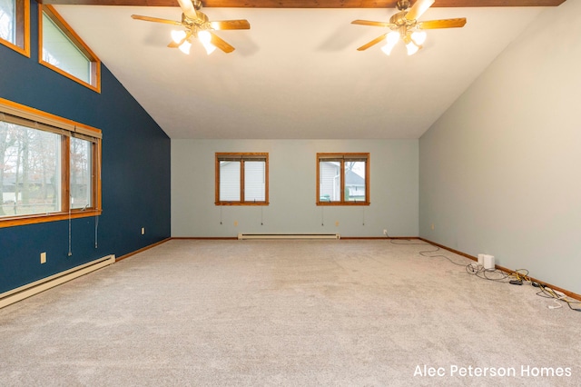 carpeted spare room with ceiling fan, lofted ceiling, and baseboard heating