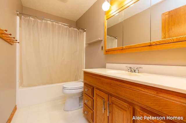 full bathroom with vanity, toilet, and shower / bathtub combination with curtain