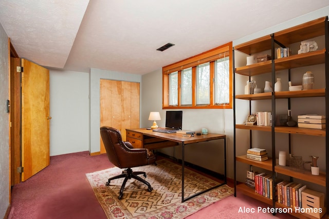 office space featuring carpet flooring and a textured ceiling