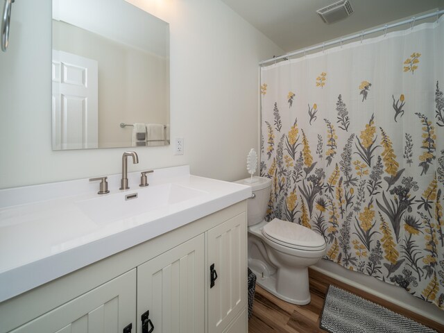 bathroom featuring toilet, hardwood / wood-style floors, and vanity