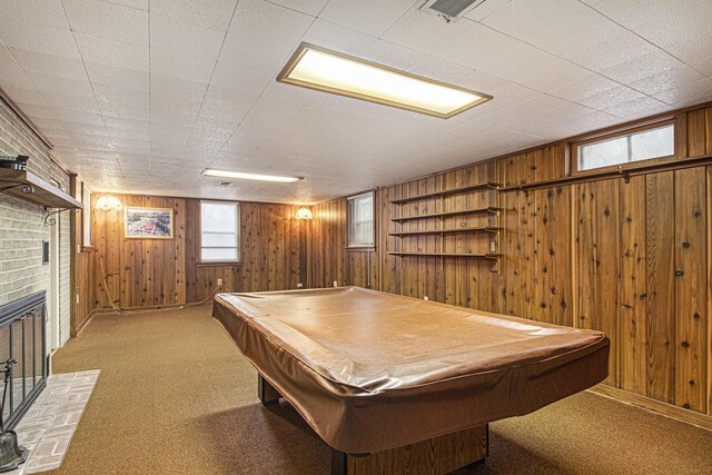 1806 Bond St, Niles, MI 49120 - game room with wood walls, a brick fireplace, pool table, and carpet