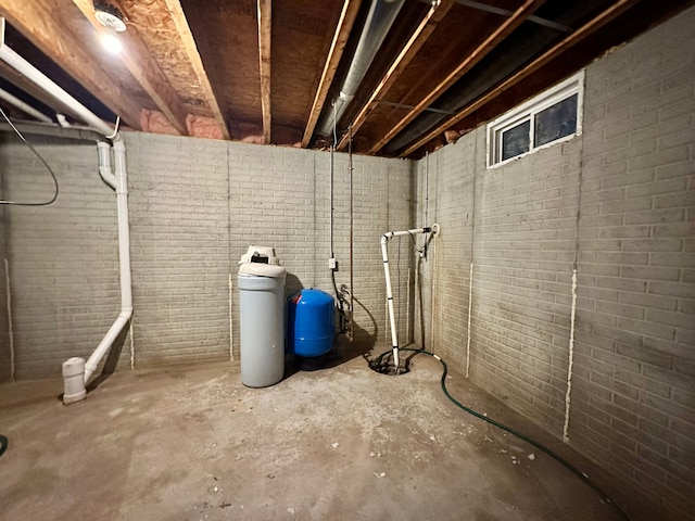 basement with brick wall