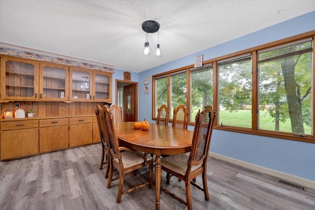 dining room with a textured ceiling and light hardwood / wood-style floors