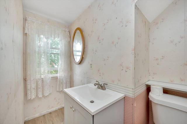 bathroom with vanity, wood-type flooring, vaulted ceiling, and toilet