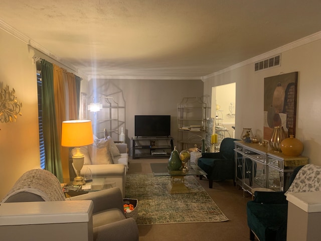 living room with carpet flooring and ornamental molding