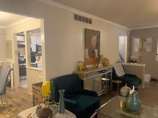 interior space featuring dark hardwood / wood-style flooring and ornamental molding