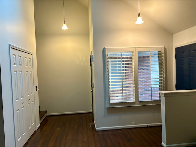 entryway with high vaulted ceiling and dark hardwood / wood-style floors