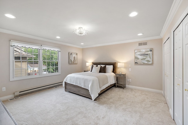 bedroom with baseboard heating, light colored carpet, and crown molding