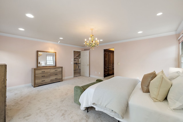 bedroom with ornamental molding, light colored carpet, and a notable chandelier