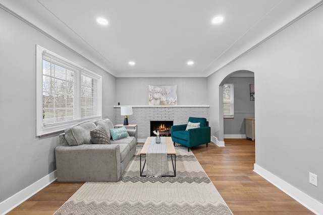 living room with wood-type flooring, a fireplace, and ornamental molding