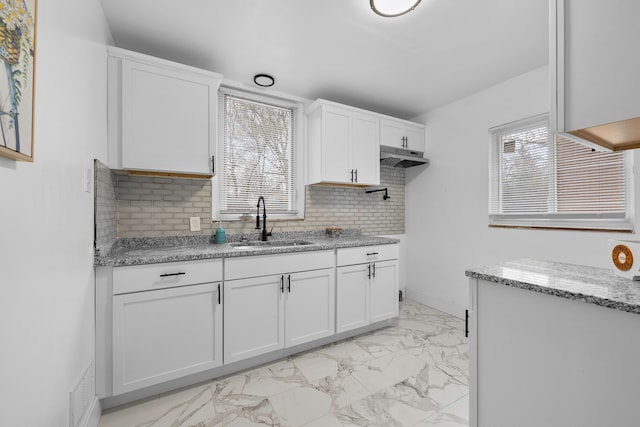 kitchen with decorative backsplash, white cabinetry, sink, and plenty of natural light