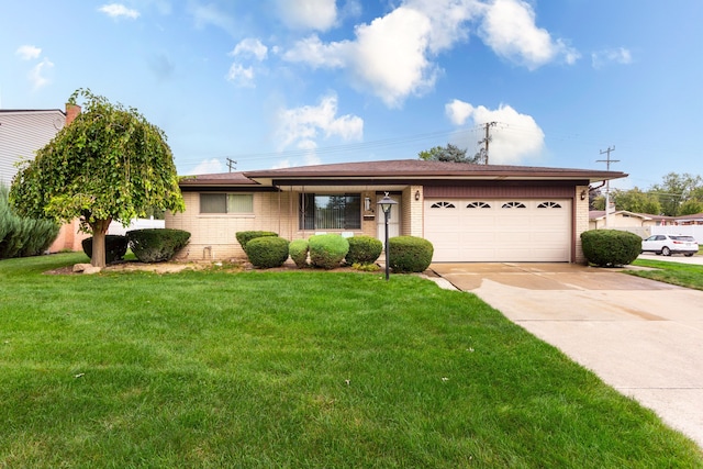 ranch-style home with a garage and a front lawn