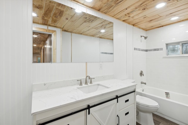 full bathroom with vanity, wooden ceiling, washtub / shower combination, hardwood / wood-style floors, and toilet