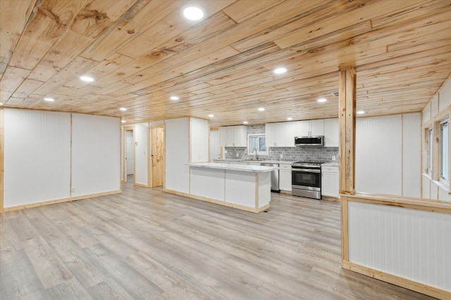 kitchen with white cabinets, sink, light hardwood / wood-style floors, kitchen peninsula, and stainless steel appliances