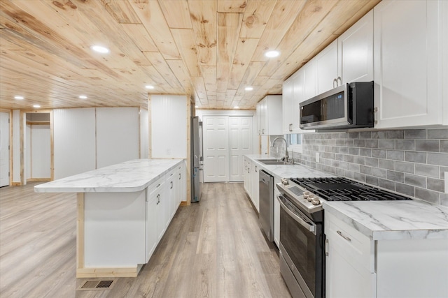 kitchen with stainless steel appliances, sink, a center island, light hardwood / wood-style floors, and white cabinetry