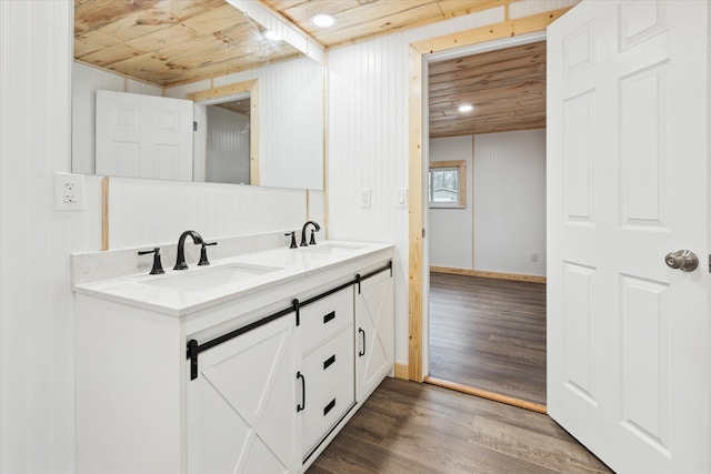 bathroom featuring wooden walls, vanity, wooden ceiling, and hardwood / wood-style flooring