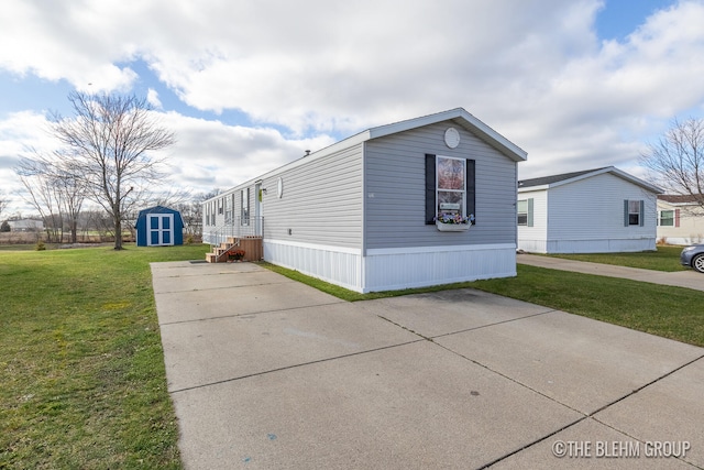 view of property exterior with a storage unit and a lawn