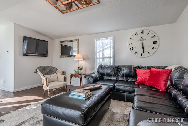 living room featuring dark wood-type flooring and lofted ceiling