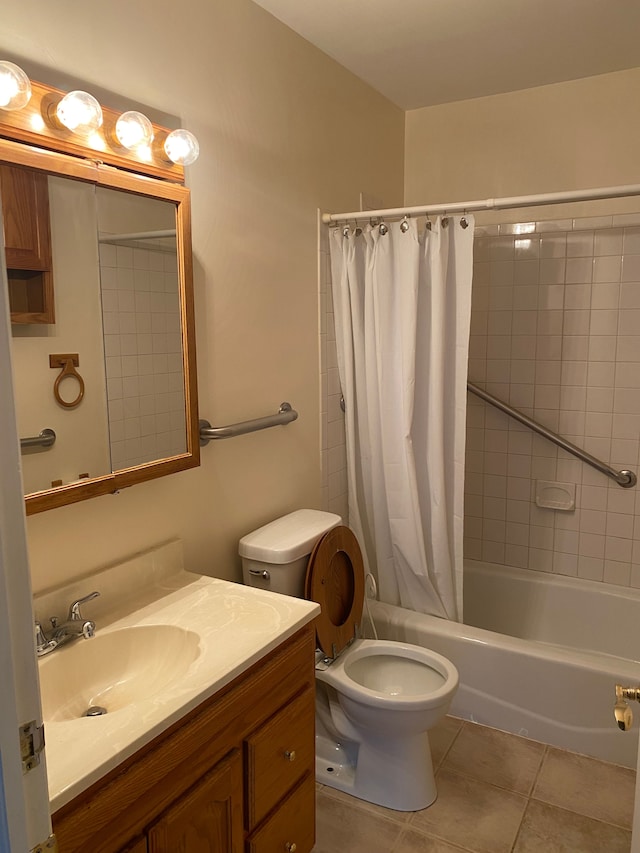 full bathroom with tile patterned floors, vanity, toilet, and shower / tub combo with curtain