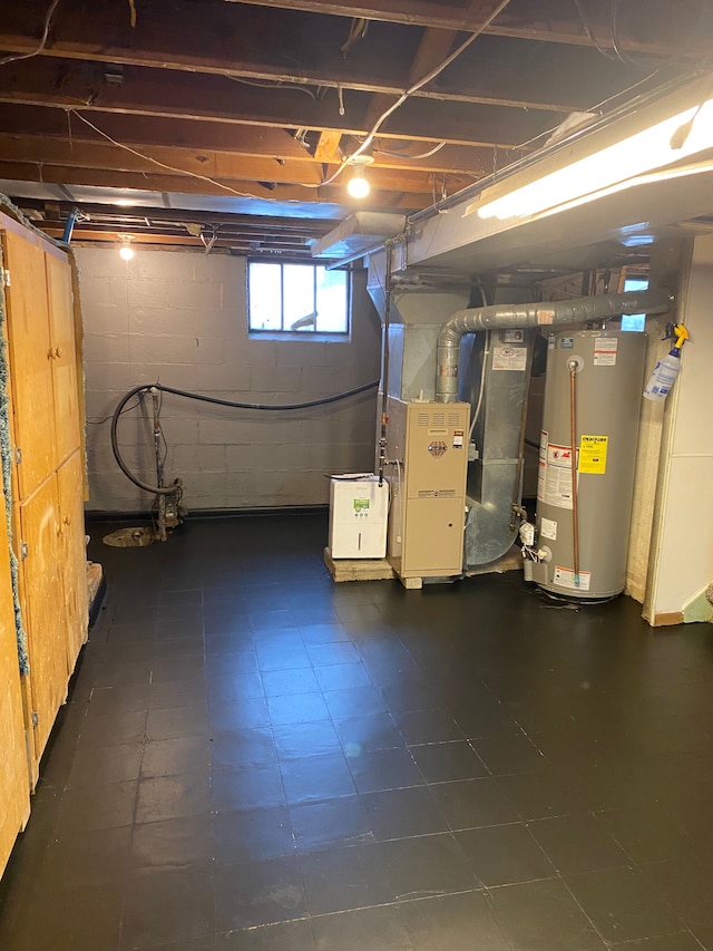 basement featuring heating unit and gas water heater