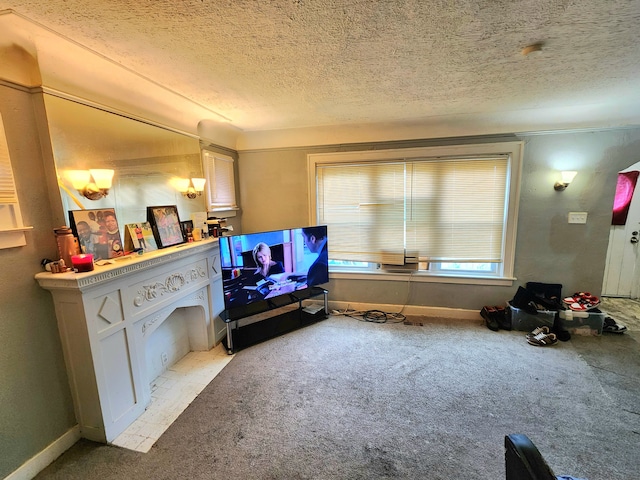 carpeted living room with a textured ceiling