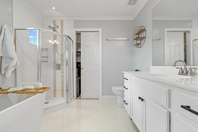 full bathroom featuring vanity, crown molding, tile patterned flooring, toilet, and shower with separate bathtub