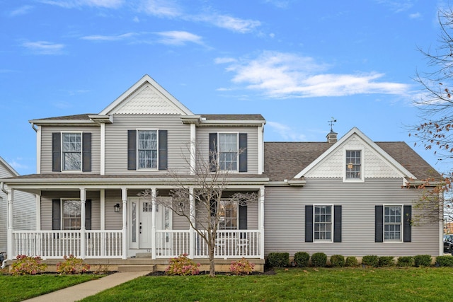 view of front of home featuring covered porch and a front yard