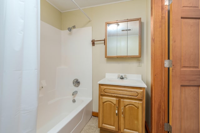 bathroom with shower / tub combo with curtain and vanity