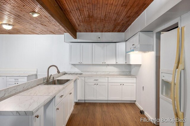 4481 Marshall Ave SE, Grand Rapids, MI 49508 - kitchen with white fridge with ice dispenser, a sink, wooden ceiling, wood finished floors, and white cabinets