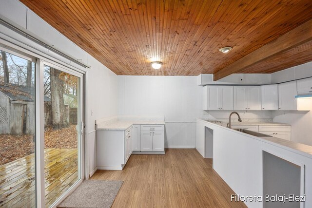 4481 Marshall Ave SE, Grand Rapids, MI 49508 - kitchen featuring light wood-style floors, white cabinets, wooden ceiling, light countertops, and baseboards