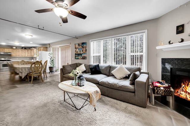 living room with ceiling fan