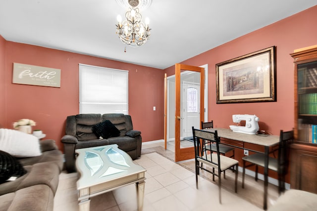 living room featuring light tile patterned floors and a notable chandelier