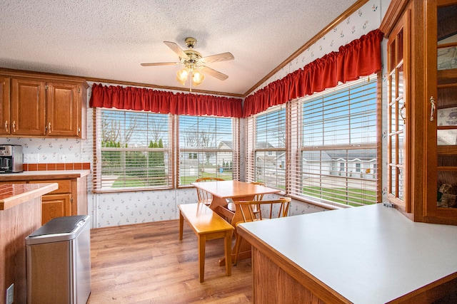 interior space featuring a textured ceiling, crown molding, a wealth of natural light, and light hardwood / wood-style flooring