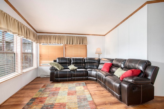 living room with crown molding, vaulted ceiling, and hardwood / wood-style flooring