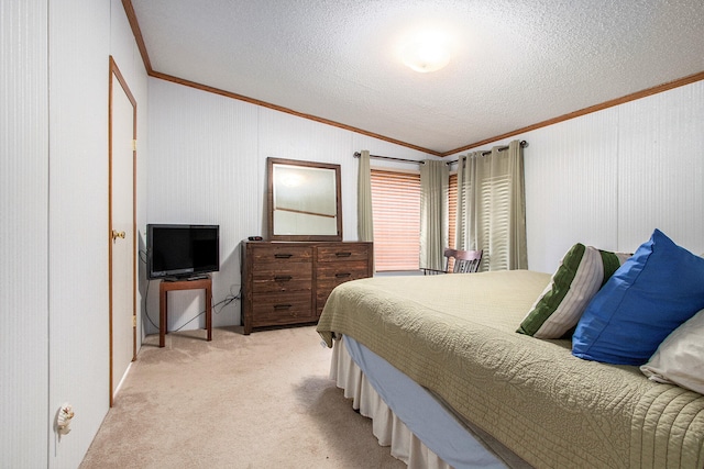 carpeted bedroom with crown molding and a textured ceiling