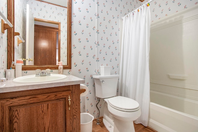 full bathroom featuring vanity, shower / bathtub combination with curtain, and toilet