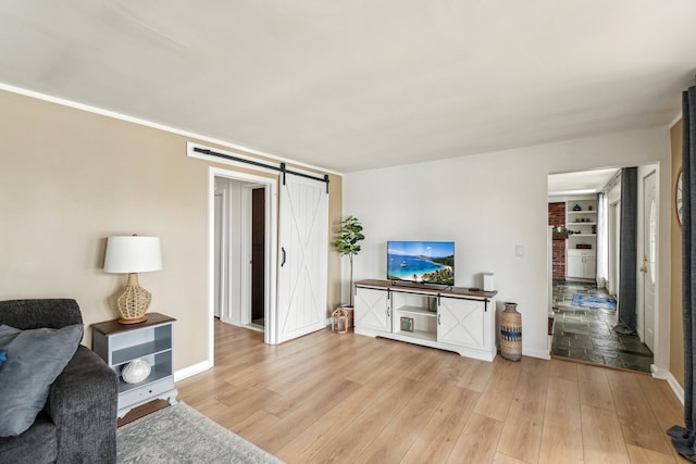 living room featuring a barn door and light hardwood / wood-style flooring