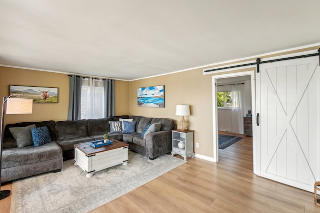 living room with a barn door, light hardwood / wood-style flooring, and crown molding