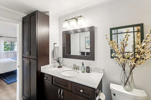 bathroom featuring vanity, toilet, wood-type flooring, and crown molding